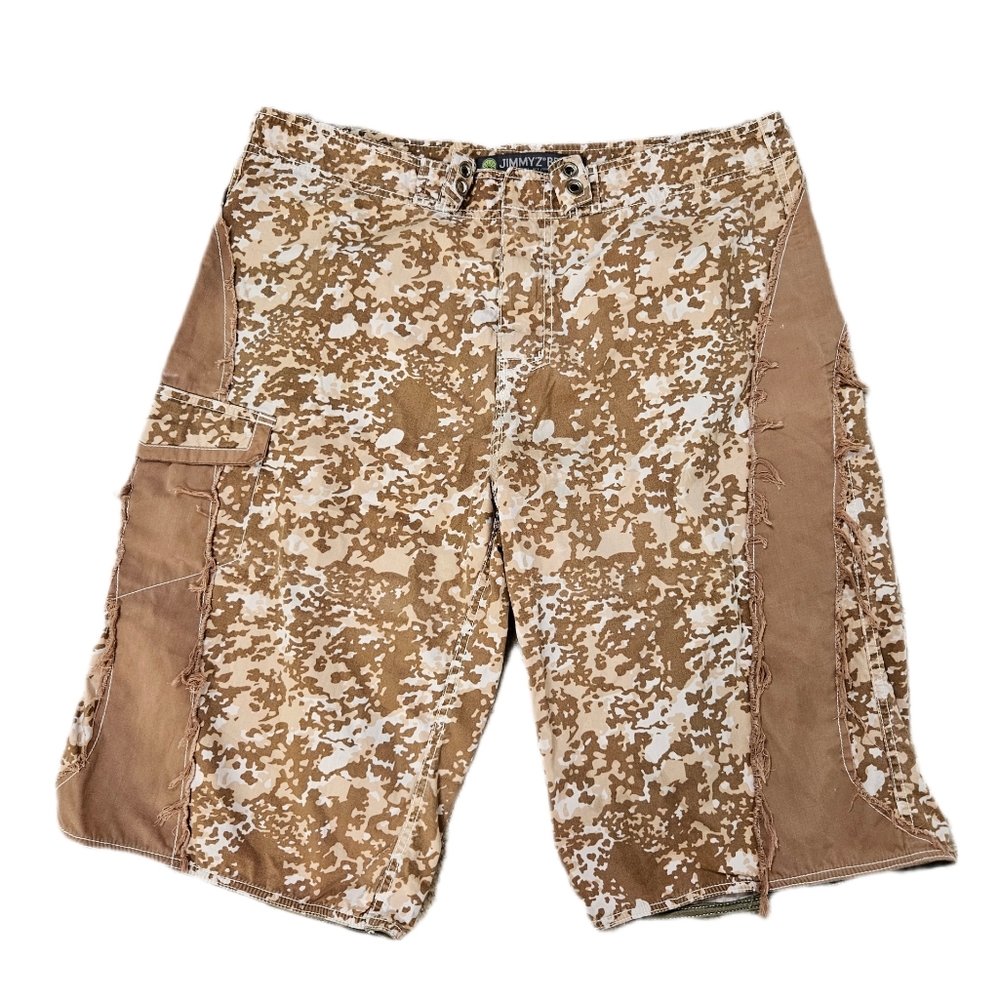 Jimmy'z Brand 34 90s Board Shorts Digital Camo Skater Army Flawed Tan Frayed